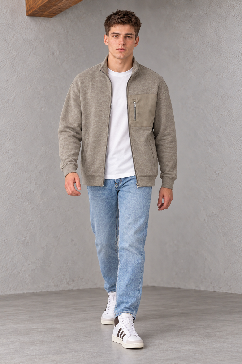 Men's Stone Melange Knitted Zip-Up Sweatshirt | Winter Pullover with Utility Pocket