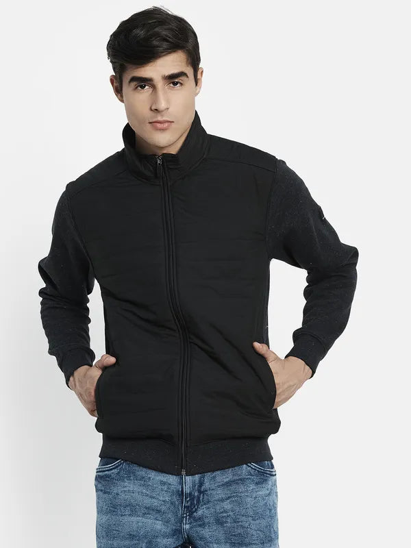 Men Grey Mock Neck Front Open Sweatshirt