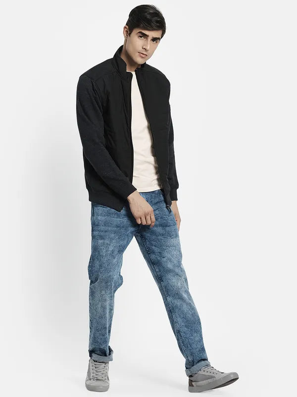 Men Grey Mock Neck Front Open Sweatshirt