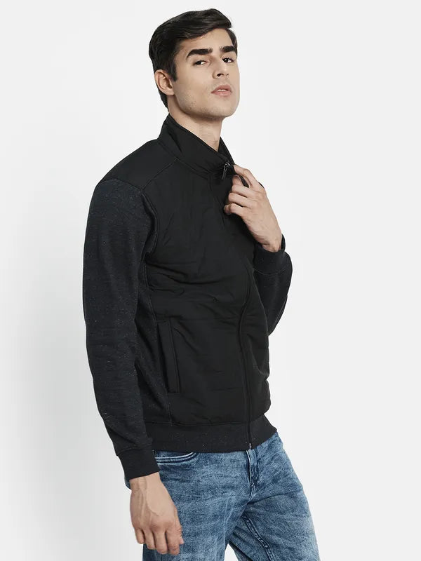 Men Grey Mock Neck Front Open Sweatshirt