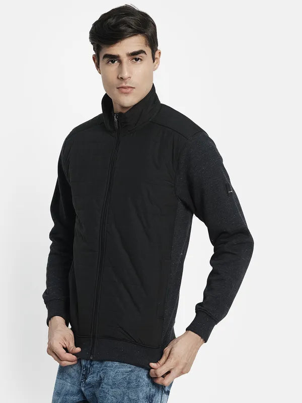 Men Grey Mock Neck Front Open Sweatshirt