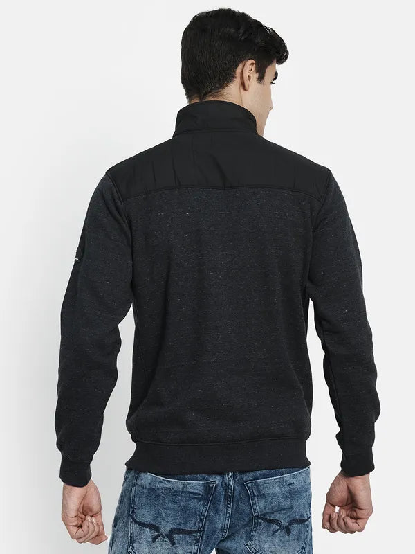 Men Grey Mock Neck Front Open Sweatshirt