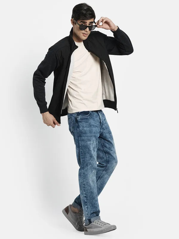 Men Grey Mock Neck Front Open Sweatshirt