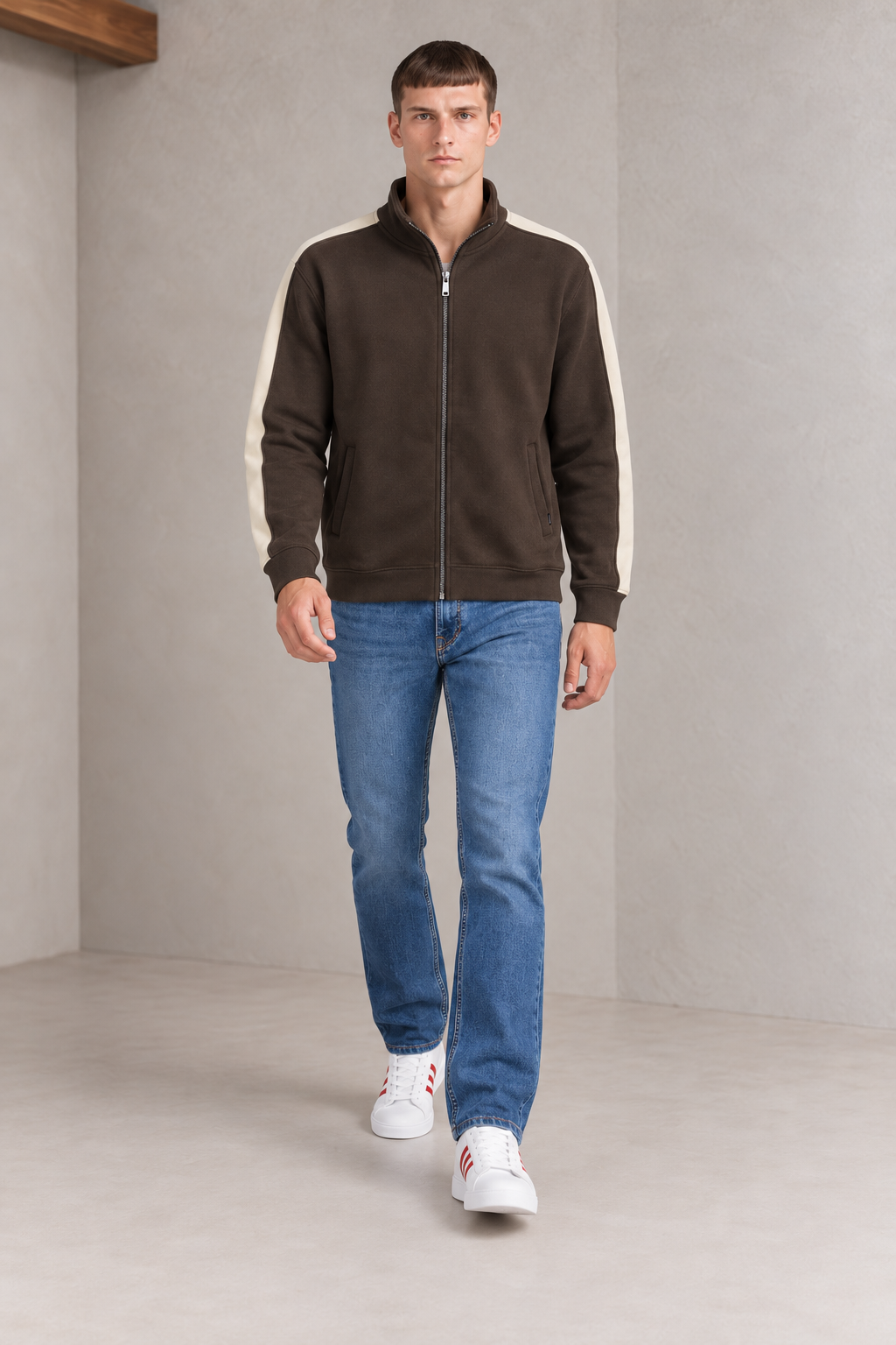 Men’s Espresso German Velvet Full-Zip Sweatshirt – Regular Fit Stand Collar Winter Sweatshirt