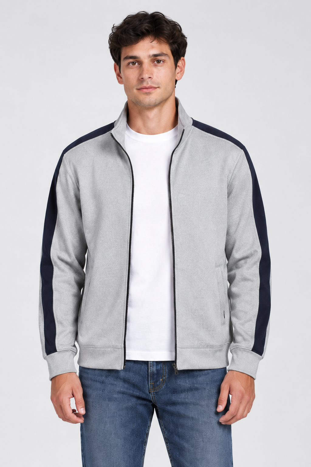 Men’s Regular Fit German Velvet Full-Zip Sweatshirt – Grey Melange