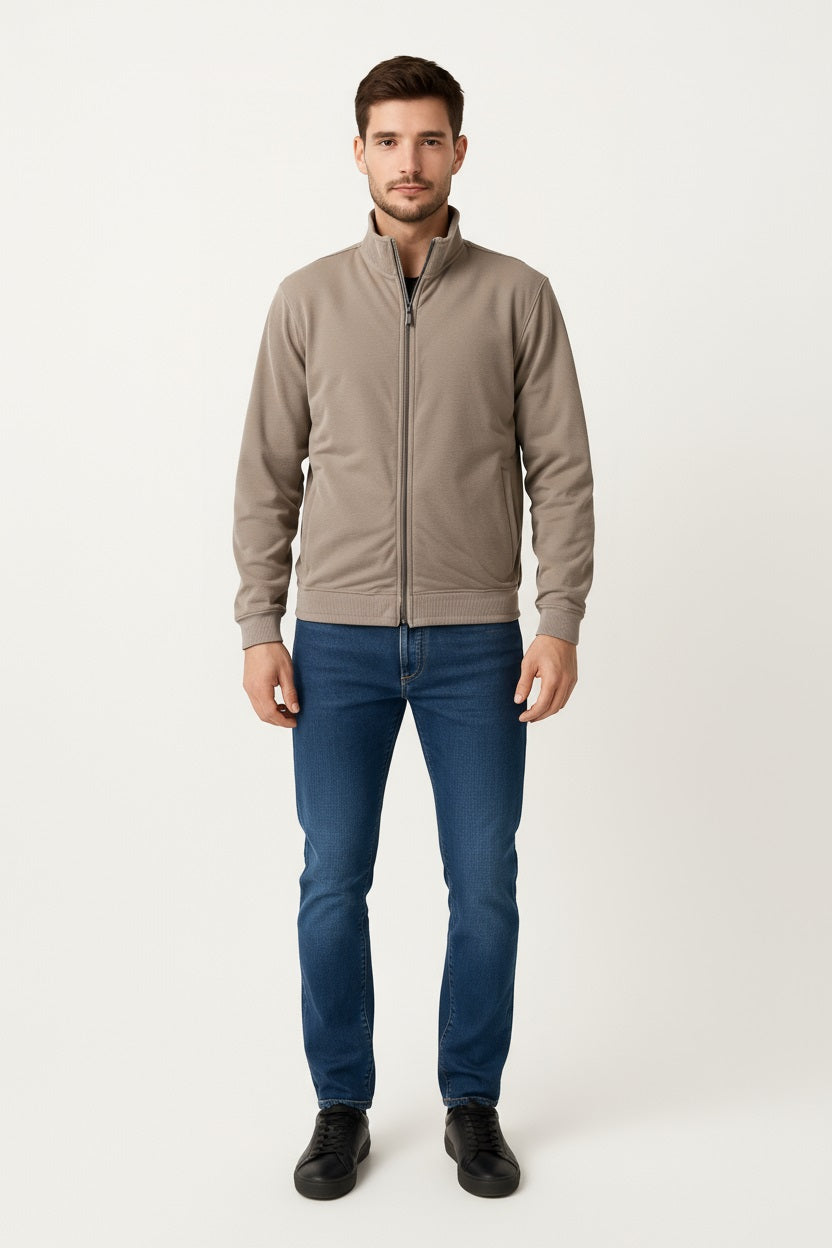 Octave Men Solid Front-Open Mock Collar Long Sleeves Sweatshirt