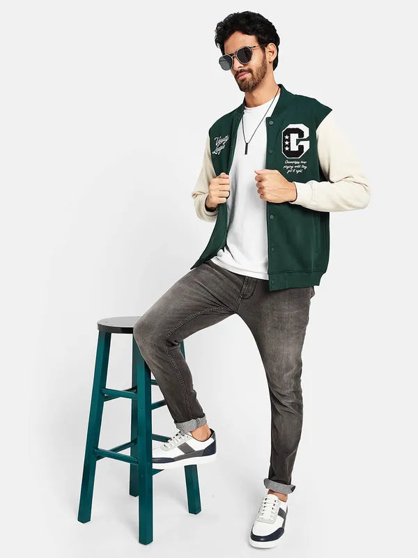 Octave Typography Printed Fleece Varsity Jacket