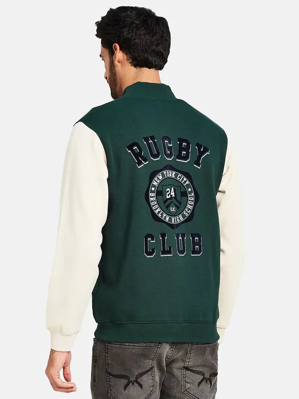 Octave Typography Printed Fleece Varsity Jacket