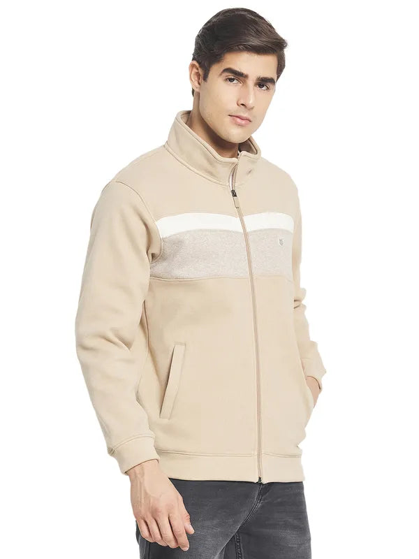 Octave Men Cream White Colourblocked Front-Open Sweatshirt