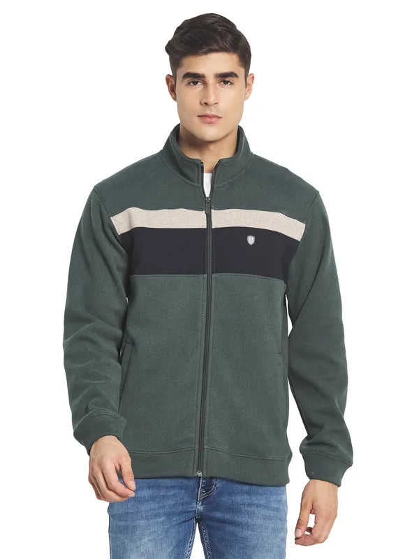Octave Men Olive Green Colourblocked Fleece Sweatshirt