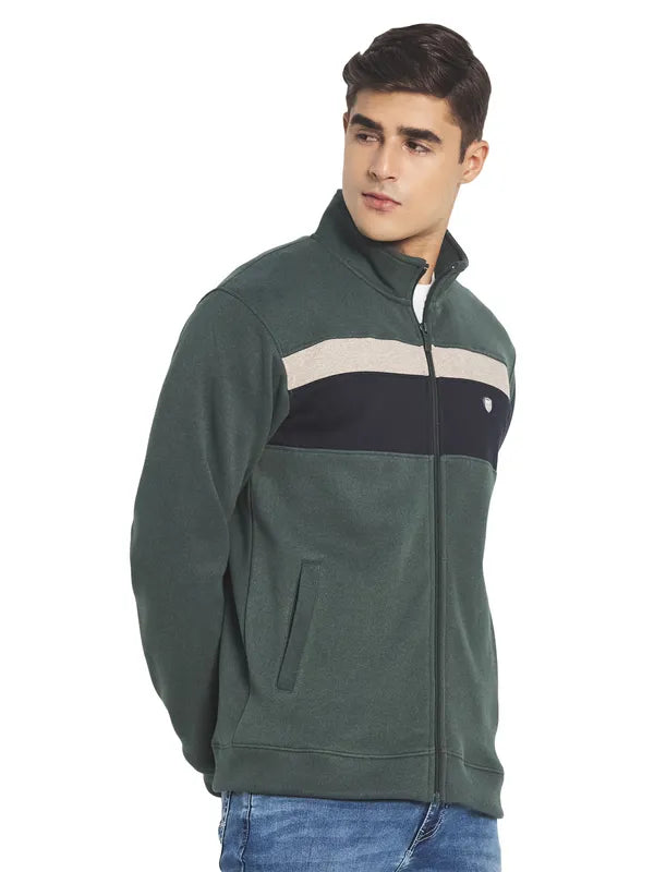 Octave Men Olive Green Colourblocked Fleece Sweatshirt