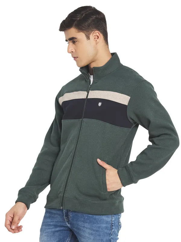 Octave Men Olive Green Colourblocked Fleece Sweatshirt