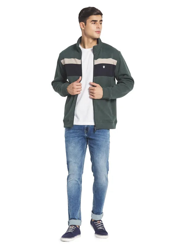 Octave Men Olive Green Colourblocked Fleece Sweatshirt