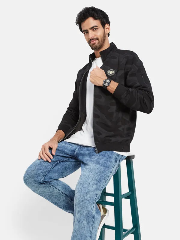 Octave Camouflage Printed Mock Collar Fleece Front Open Sweatshirt