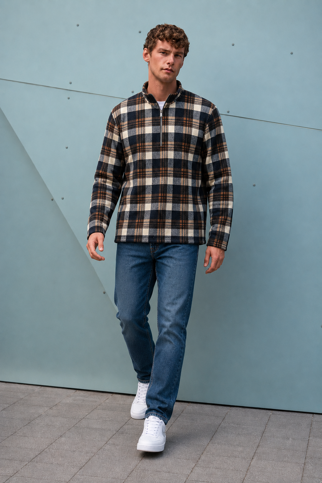 Men’s Navy Coral Bonded Check Sweatshirt – Regular Fit Half-Zip Winter Pullover