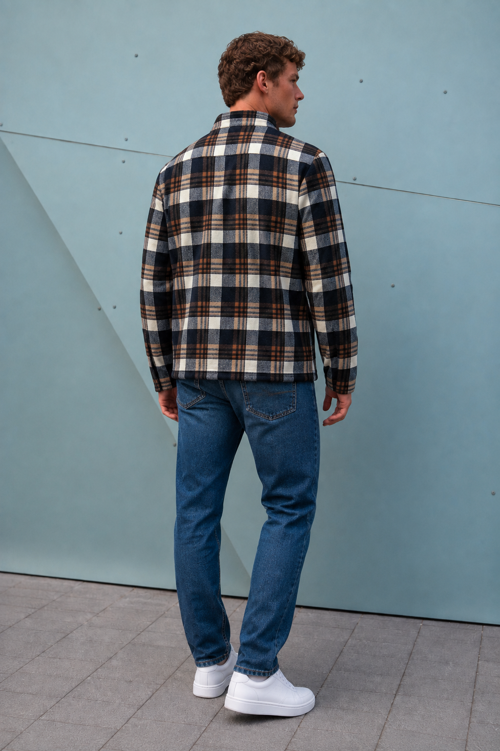 Men’s Navy Coral Bonded Check Sweatshirt – Regular Fit Half-Zip Winter Pullover