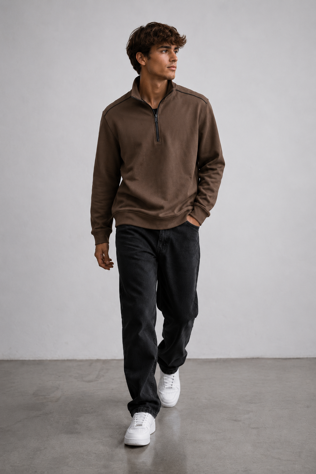 Men’s Espresso Knitted Suede Half-Zip Sweatshirt – Regular Fit Full Sleeve Winter Pullover