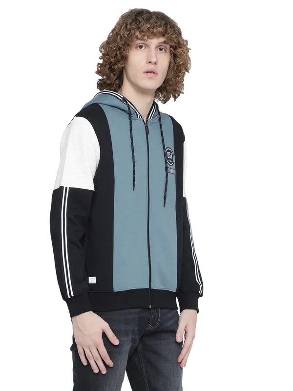 Octave Men Blue Colourblocked Hooded Fleece Sweatshirt
