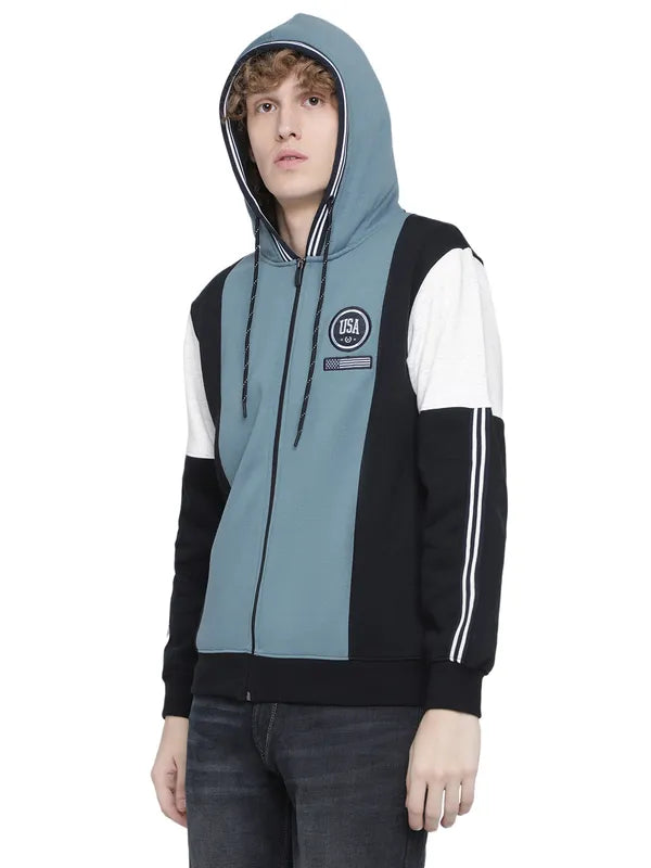 Octave Men Blue Colourblocked Hooded Fleece Sweatshirt