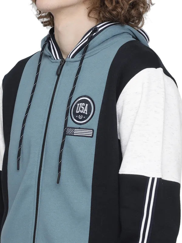 Octave Men Blue Colourblocked Hooded Fleece Sweatshirt