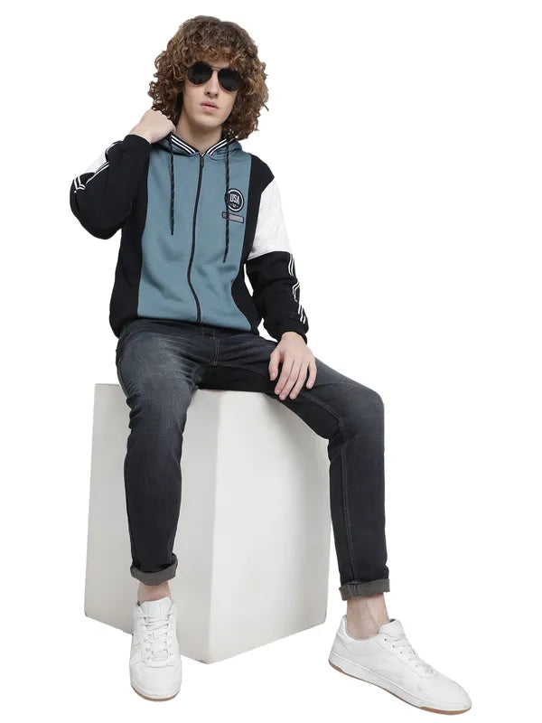 Octave Men Blue Colourblocked Hooded Fleece Sweatshirt