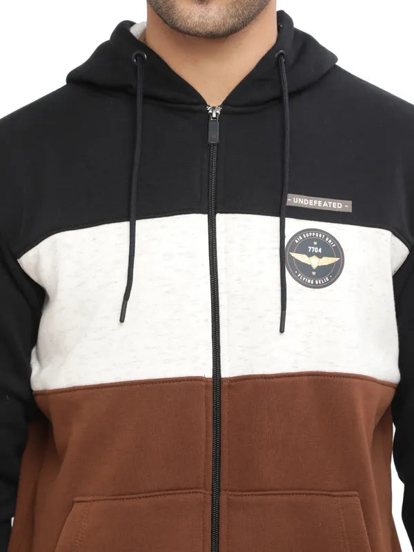 Octave Men Brown Colourblocked Hooded Sweatshirt