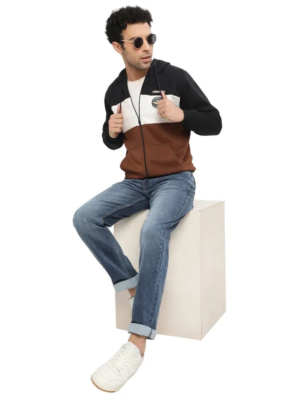 Octave Men Brown Colourblocked Hooded Sweatshirt