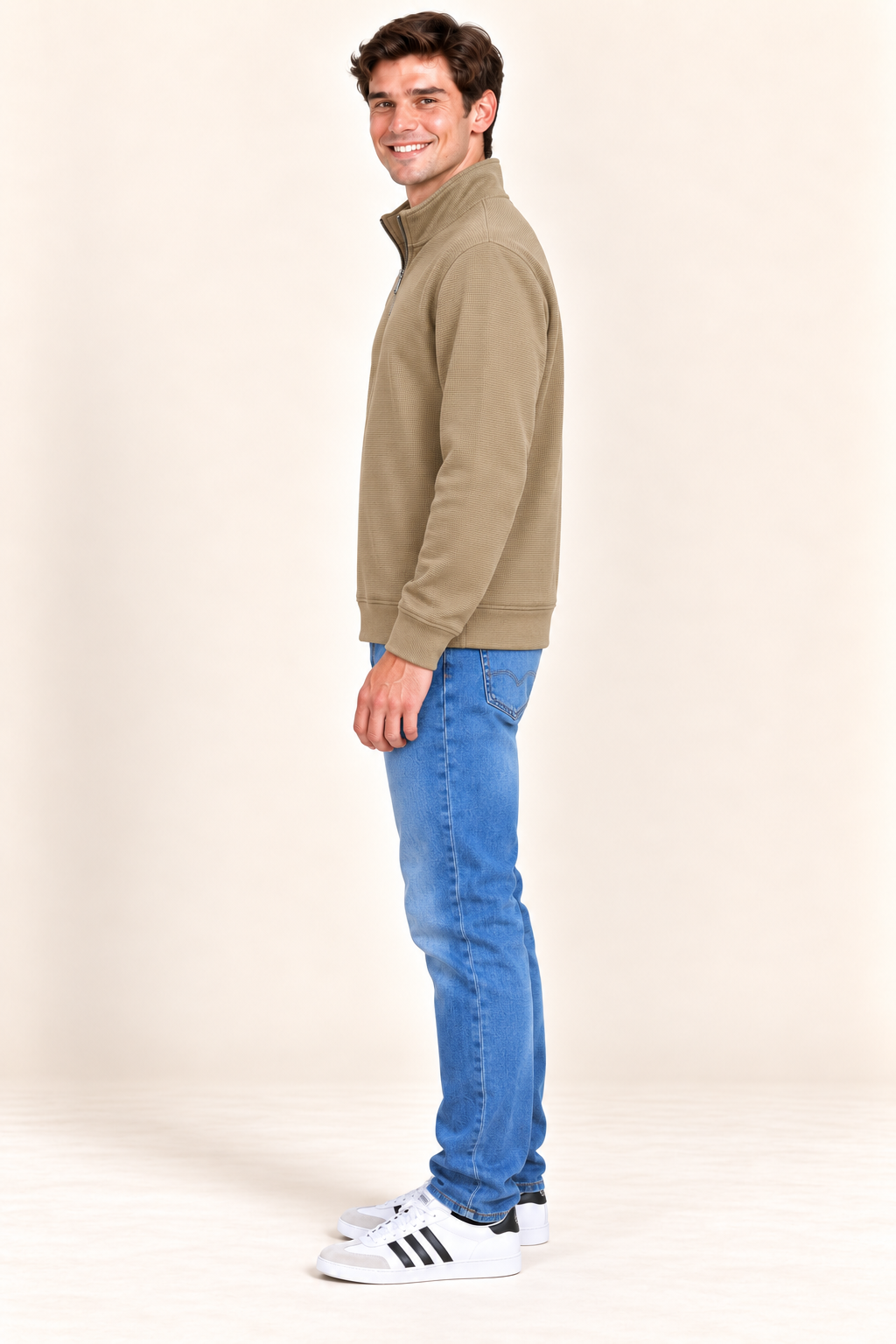 Men’s Fawn Blended Cotton Quarter-Zip Sweatshirt – Regular Fit Textured Winter Sweatshirt