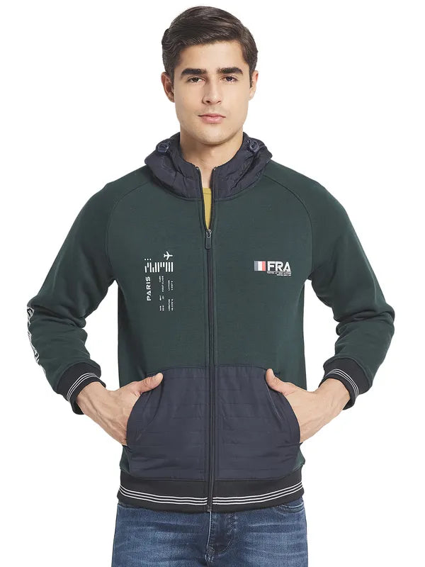 Octave Men Green Blue Printed Fleece Hooded Sweatshirt