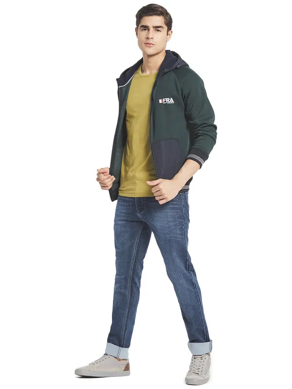 Octave Men Green Blue Printed Fleece Hooded Sweatshirt