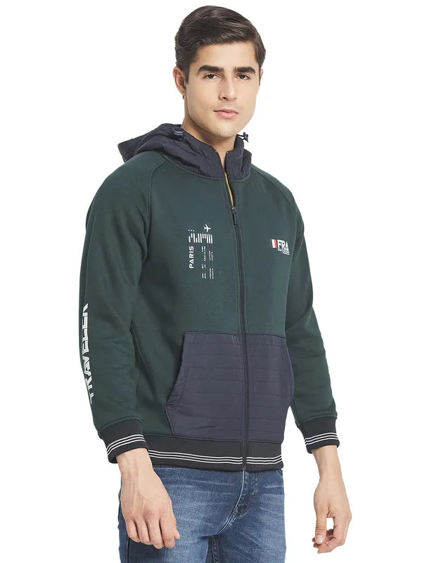 Octave Men Green Blue Printed Fleece Hooded Sweatshirt