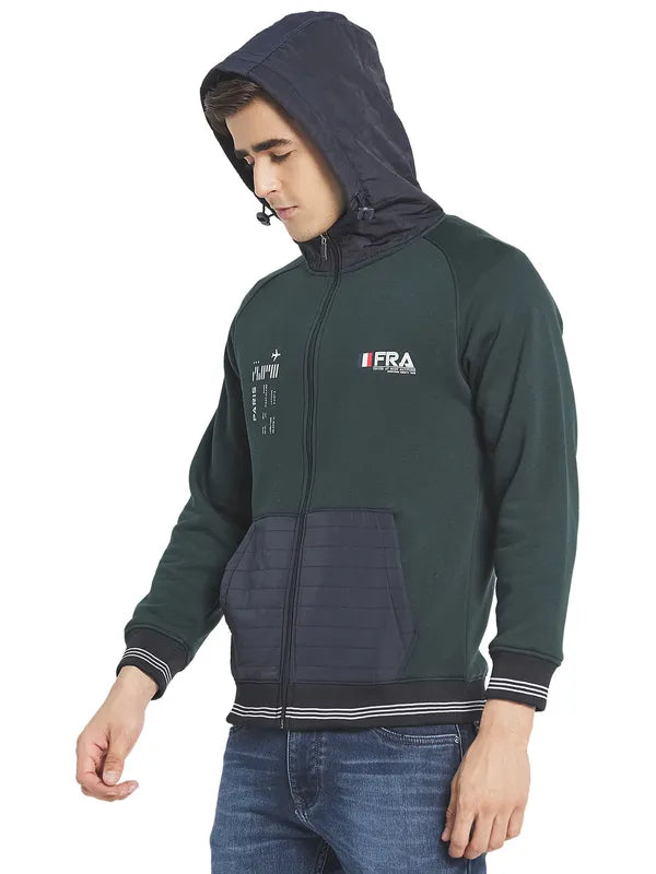 Octave Men Green Blue Printed Fleece Hooded Sweatshirt