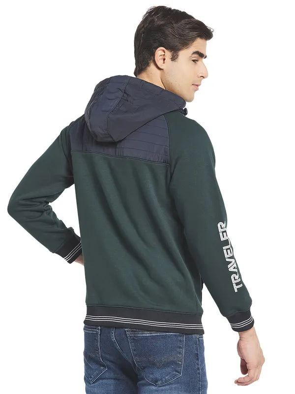 Octave Men Green Blue Printed Fleece Hooded Sweatshirt