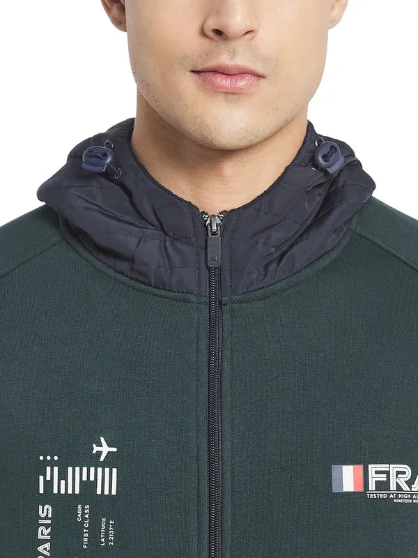 Octave Men Green Blue Printed Fleece Hooded Sweatshirt