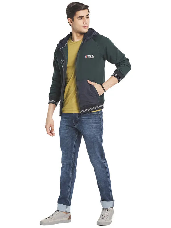 Octave Men Green Blue Printed Fleece Hooded Sweatshirt