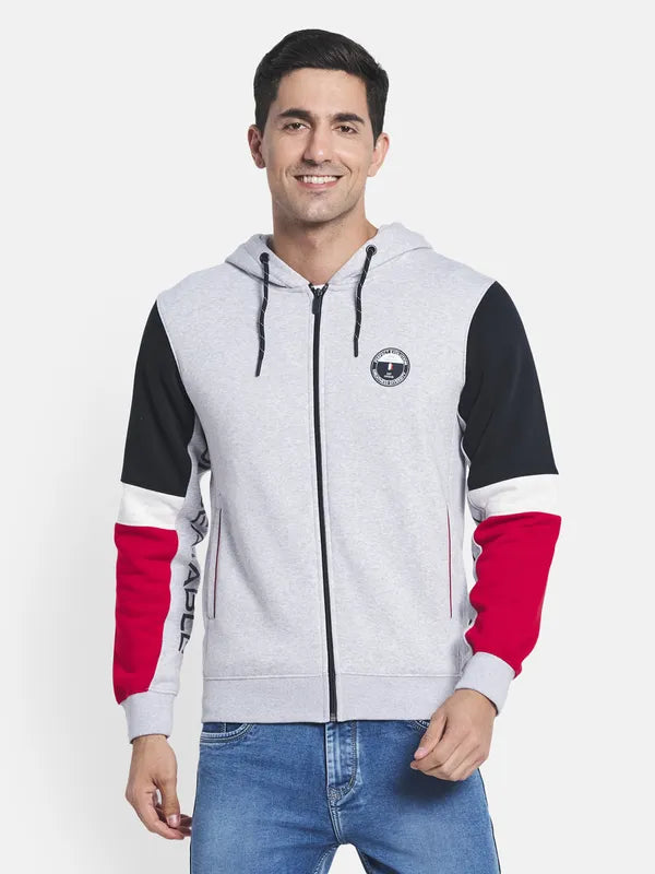Men Grey Melange Colourblocked Hooded Sweatshirt