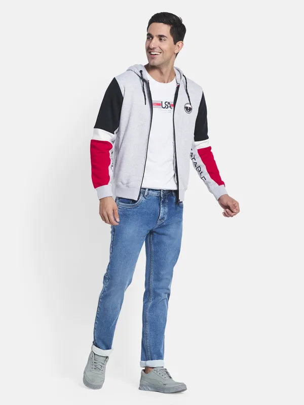 Men Grey Melange Colourblocked Hooded Sweatshirt