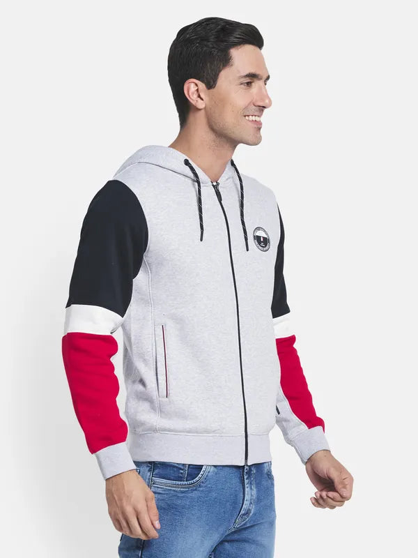 Men Grey Melange Colourblocked Hooded Sweatshirt