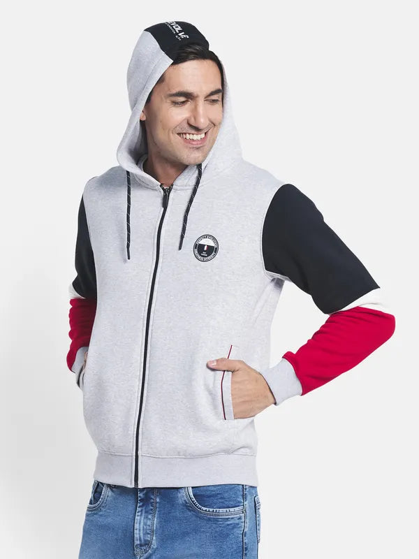 Men Grey Melange Colourblocked Hooded Sweatshirt