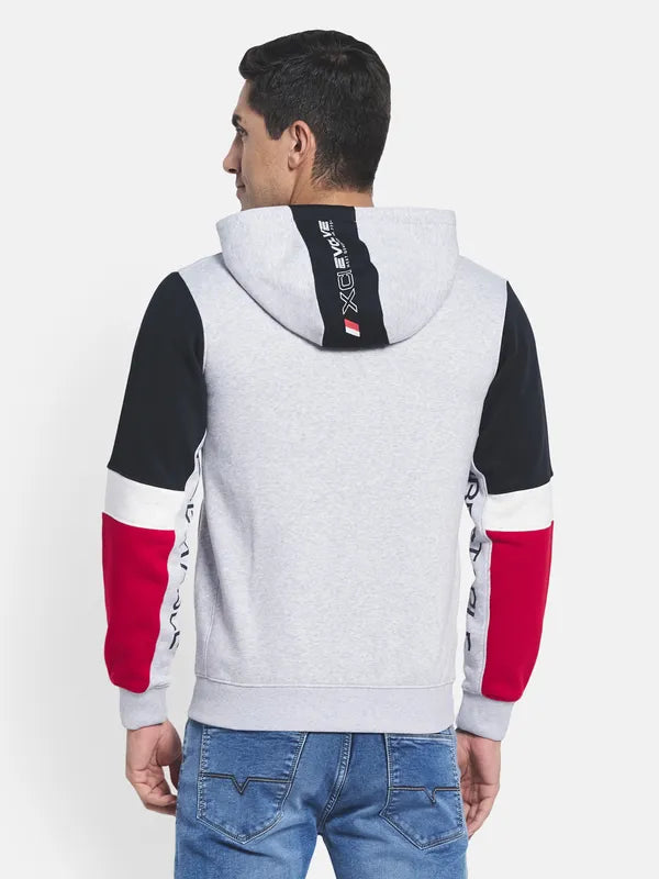 Men Grey Melange Colourblocked Hooded Sweatshirt