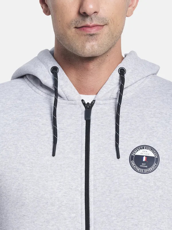 Men Grey Melange Colourblocked Hooded Sweatshirt