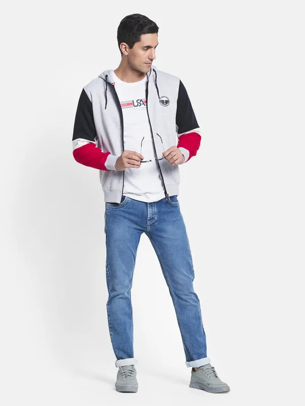 Men Grey Melange Colourblocked Hooded Sweatshirt