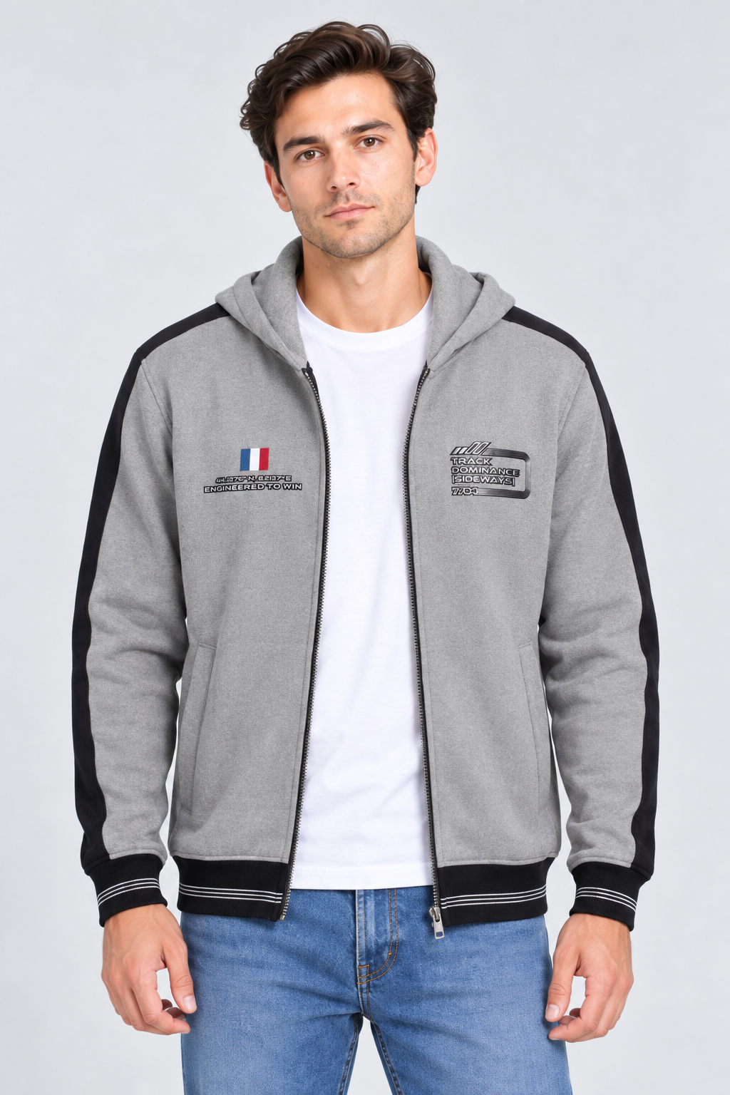 Men’s Regular Fit German Velvet Cut & Sew Full-Zip Hooded Sweatshirt – Grey Melange