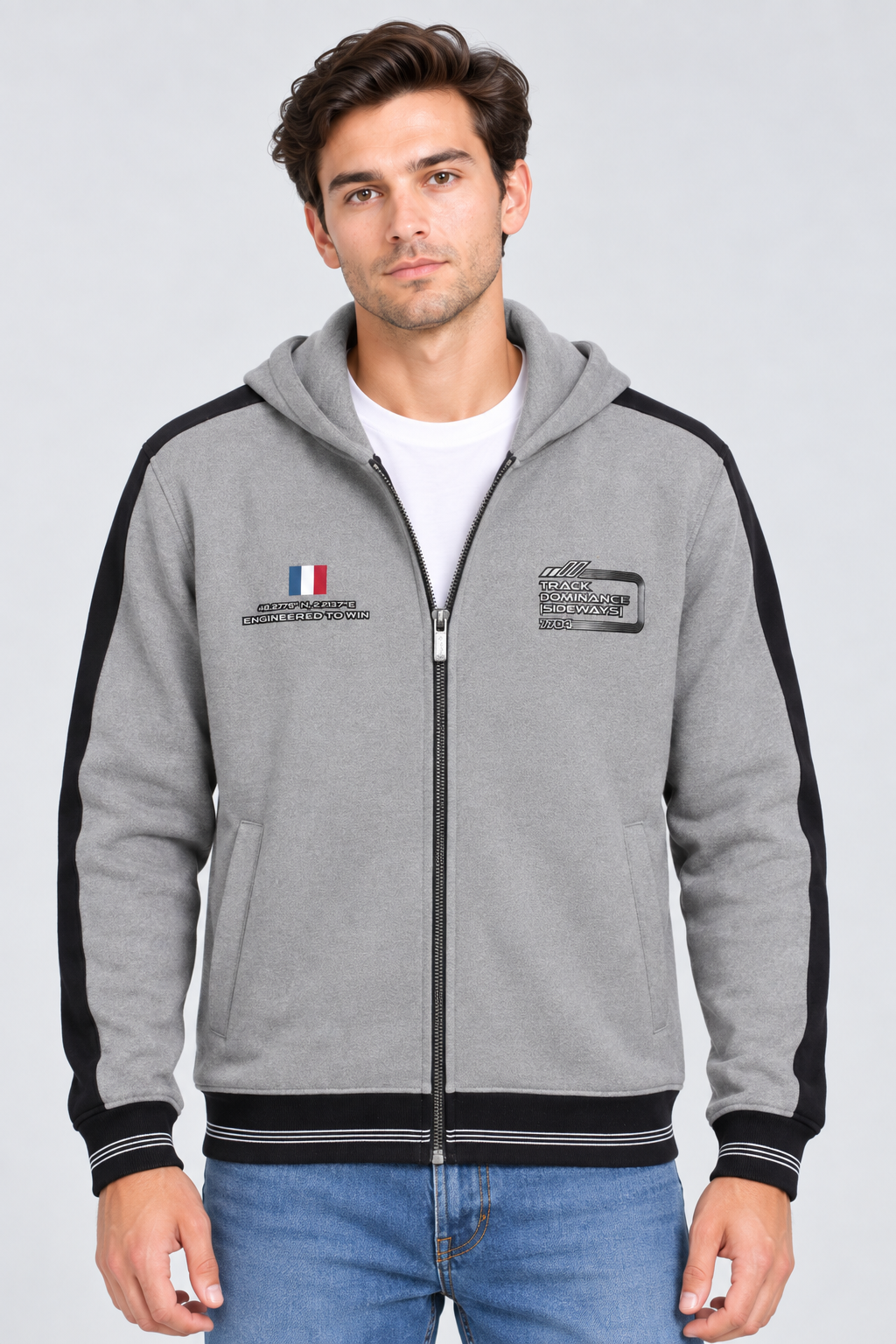 Men’s Regular Fit German Velvet Cut & Sew Full-Zip Hooded Sweatshirt – Grey Melange