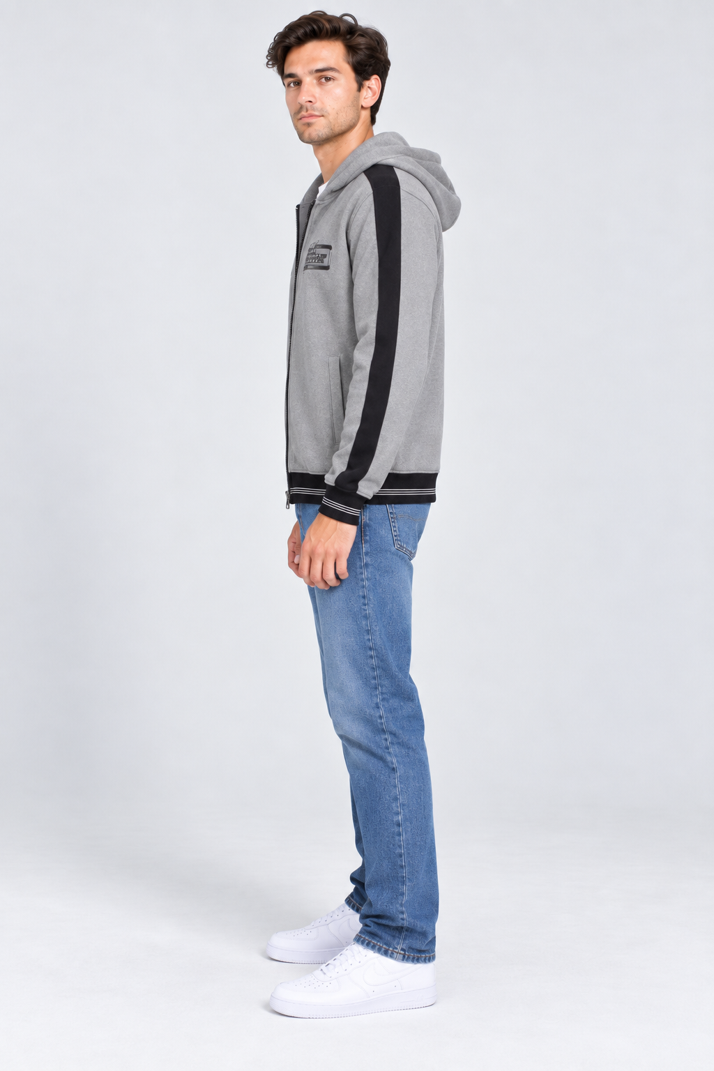 Men’s Regular Fit German Velvet Cut & Sew Full-Zip Hooded Sweatshirt – Grey Melange