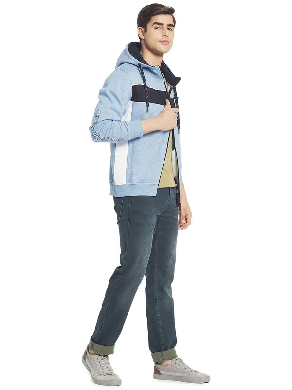 Octave Men Blue Colourblocked Fleece Hooded Sweatshirt