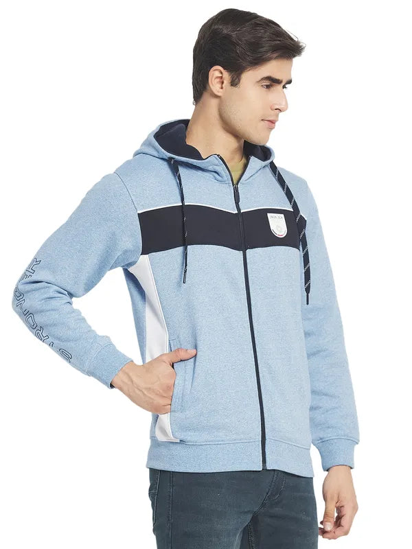 Octave Men Blue Colourblocked Fleece Hooded Sweatshirt