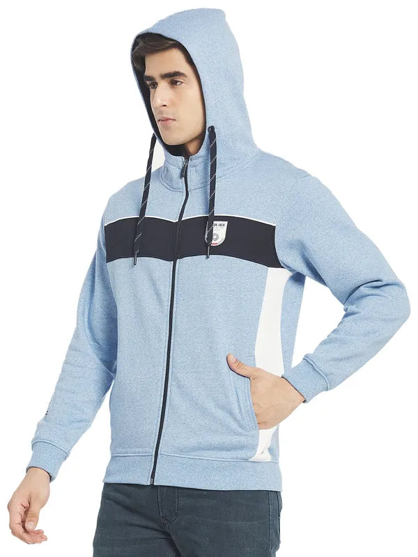 Octave Men Blue Colourblocked Fleece Hooded Sweatshirt