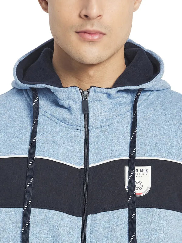 Octave Men Blue Colourblocked Fleece Hooded Sweatshirt