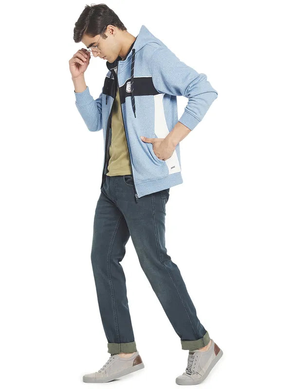 Octave Men Blue Colourblocked Fleece Hooded Sweatshirt